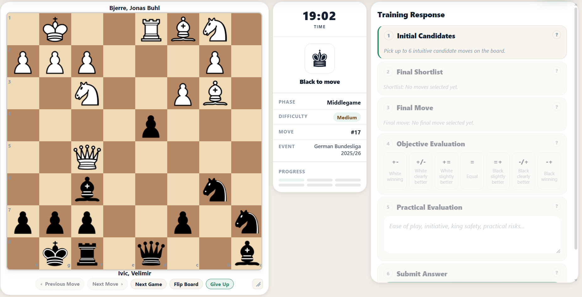 ChessMotive training position from Bjerre versus Ivic with Black to move and the structured response fields for candidates, final move, and evaluation.