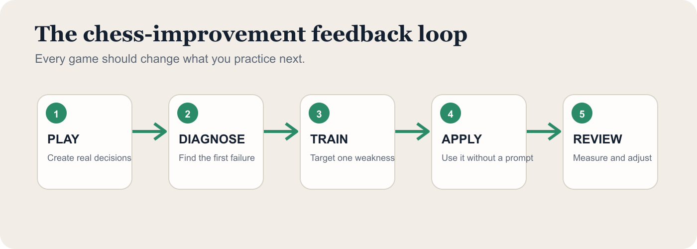 Chess improvement feedback loop: play, diagnose, train, apply, review, and repeat.